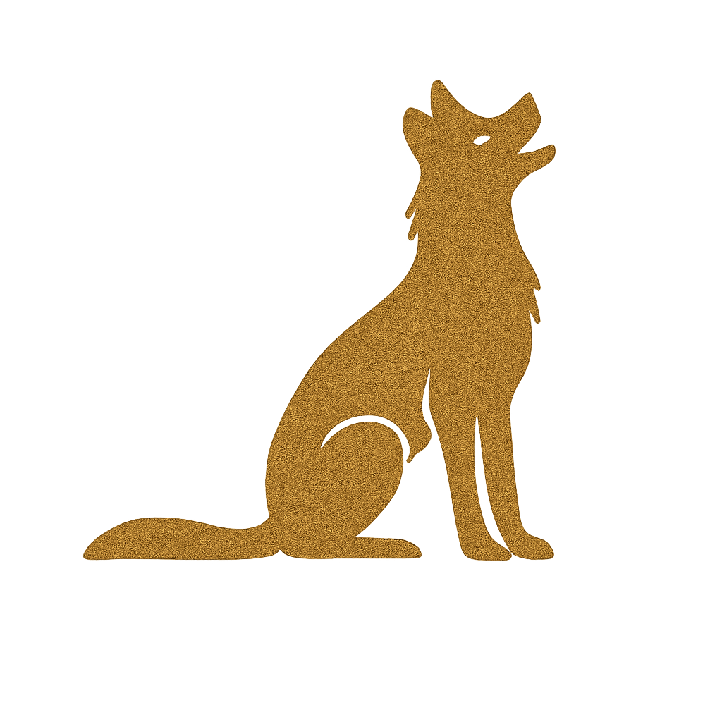 A glowing gold silhouette of a sitting dog with its head raised, illuminated against a dark background.