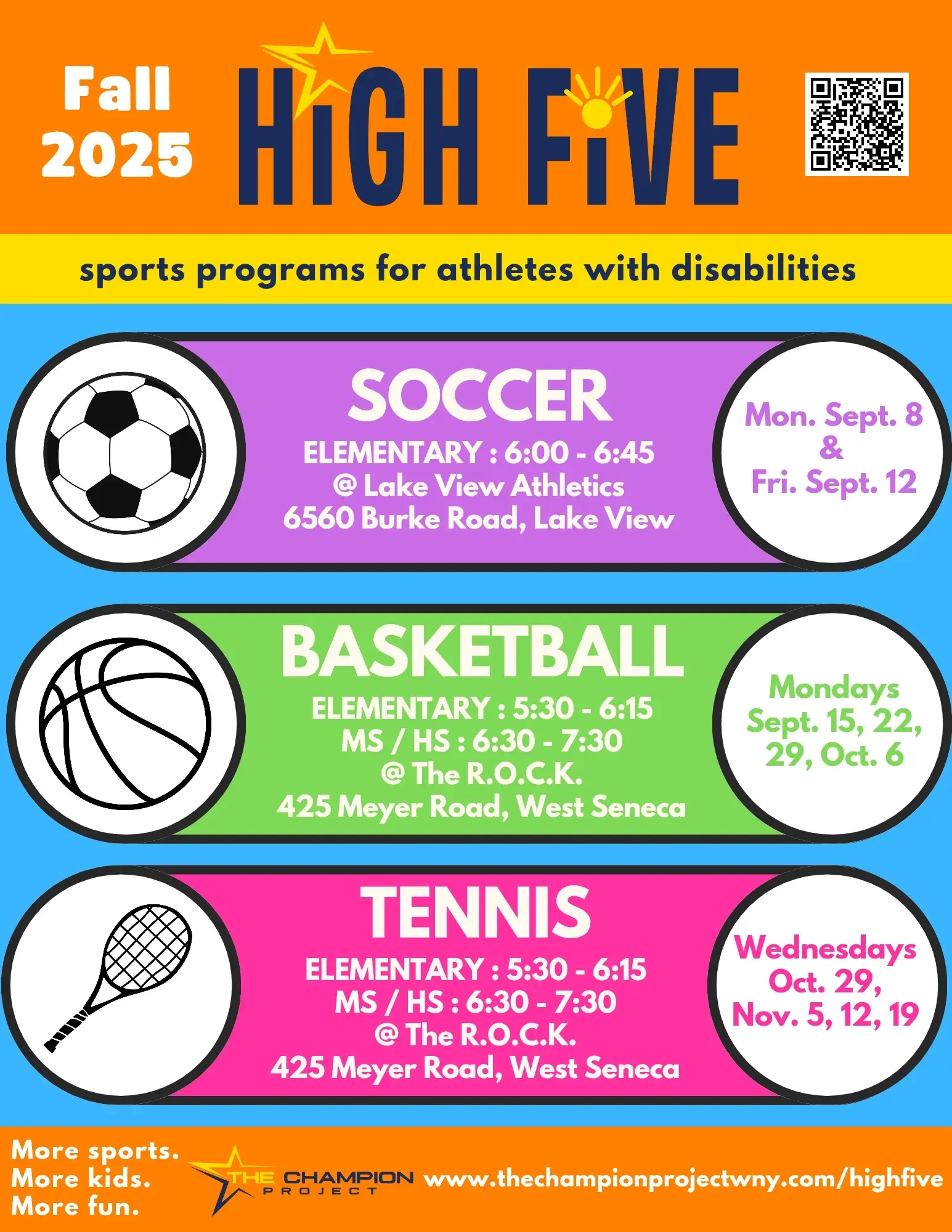 High Five Fall 2025 flyer promoting inclusive youth sports for athletes with disabilities in Western New York. Programs include soccer, basketball, and tennis at Lake View Athletics and The R.O.C.K. for elementary to high school students.