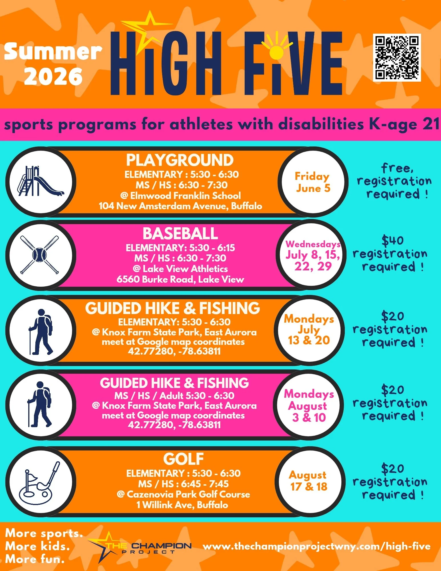 Event flyer with orange, pink, and blue colors advertising high five sports programs for athletes with disabilities in Buffalo. Features icons for playground, baseball, guided hike & fishing, and golf activities. Includes dates, times, locations, and registration information.