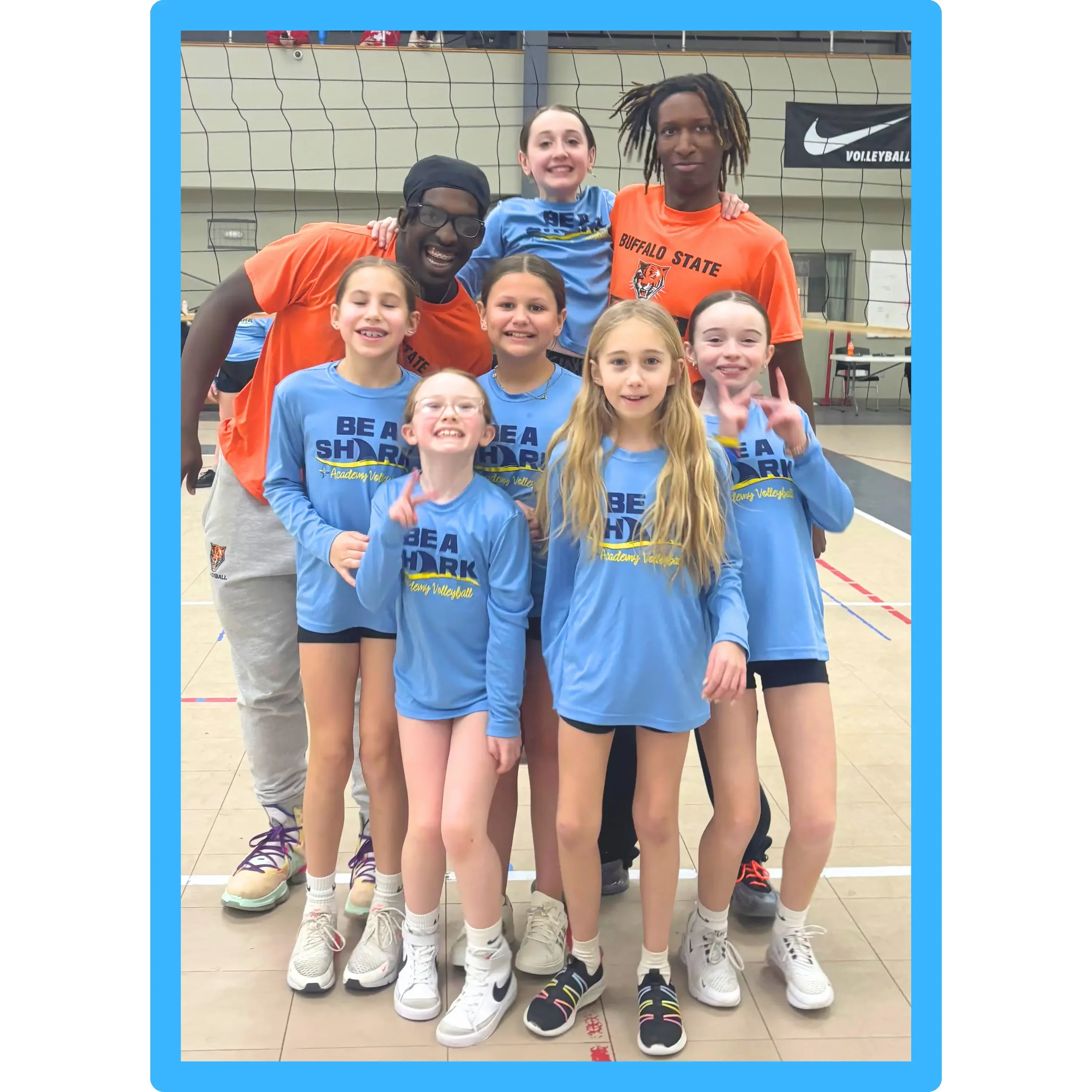 TCP Academy youth volleyball team poses with college athletes, showcasing mentorship, teamwork, and skill-building in a fun, empowering sports environment