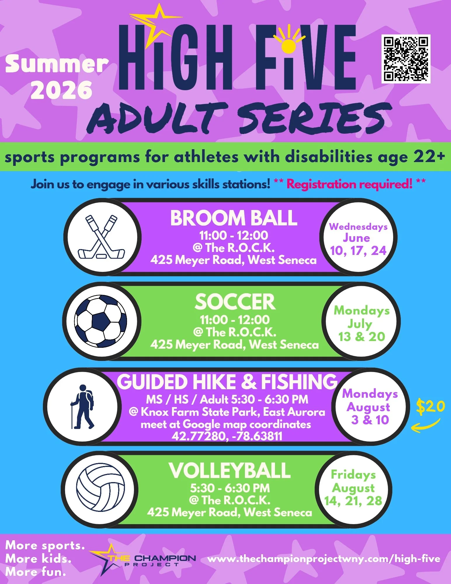 Flyer for the High Five Adult Series summer 2026. The flyer mentions sports programs for athletes with disabilities age 22+ including Broom Ball on Wednesdays in June, Soccer on Mondays in July, Guided Hike & Fishing on Mondays in August, and Volleyball on Fridays in August. The flyer includes icons for each sport, dates, times, locations at The R.O.C.K. in West Seneca, and registration details. It features a purple background with stars and a QR code in the top right corner.