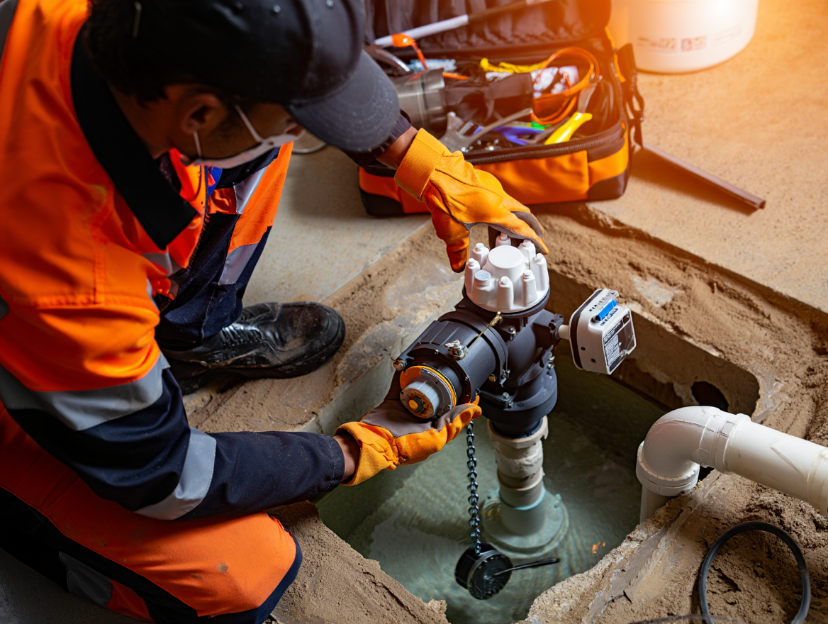 A worker wearing orange gloves, a safety vest, and a hat, installing or repairing a pool pump in a rectangular excavated area with water at the bottom. There is a toolbox in the background with tools.