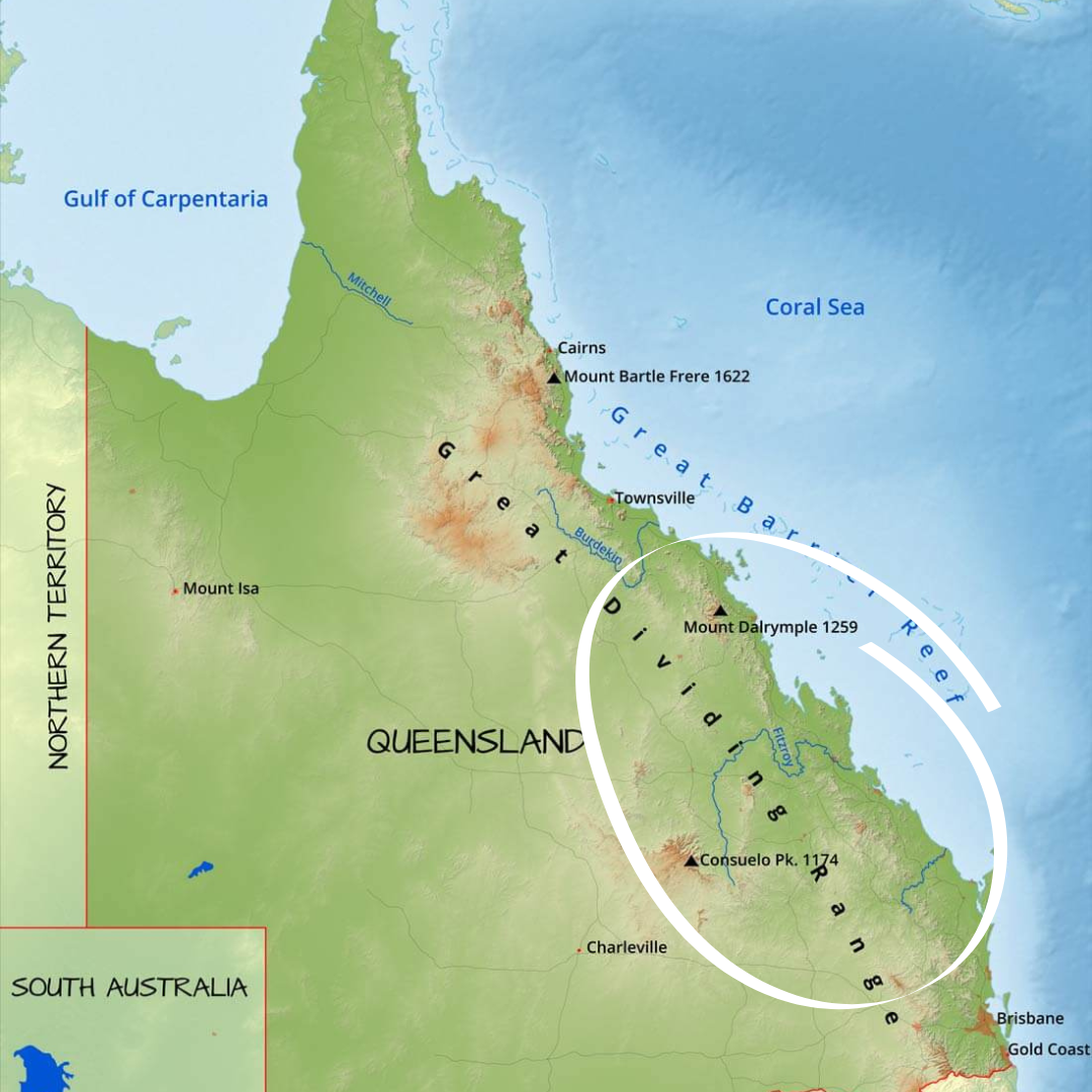 Map of northeastern Queensland, Australia, showing cities like Cairns and Townsville, with geographical features such as the Great Barrier Reef, Mount Isa, and the Great Dividing Range. The map highlights the Coral Sea to the east and includes regional labels and mountain locations.