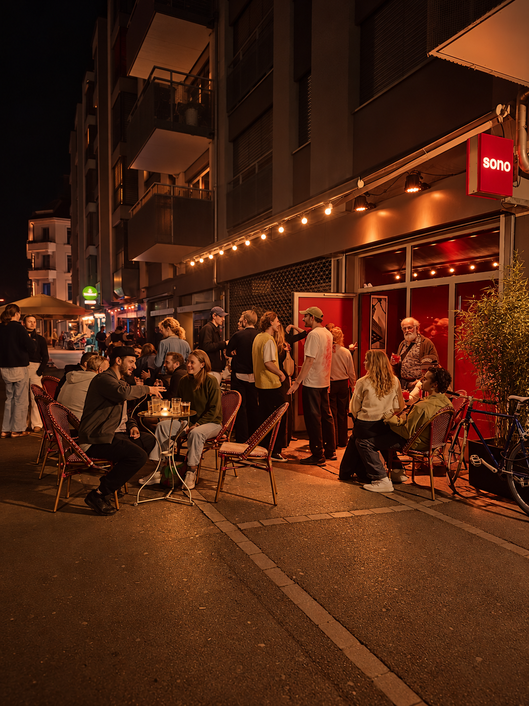 Menschen sitzen und stehen vor einem Restaurant oder Café namens 'sono' auf einer belebten Straße bei Nacht, mit warmem Licht und modernen Gebäuden im Hintergrund.