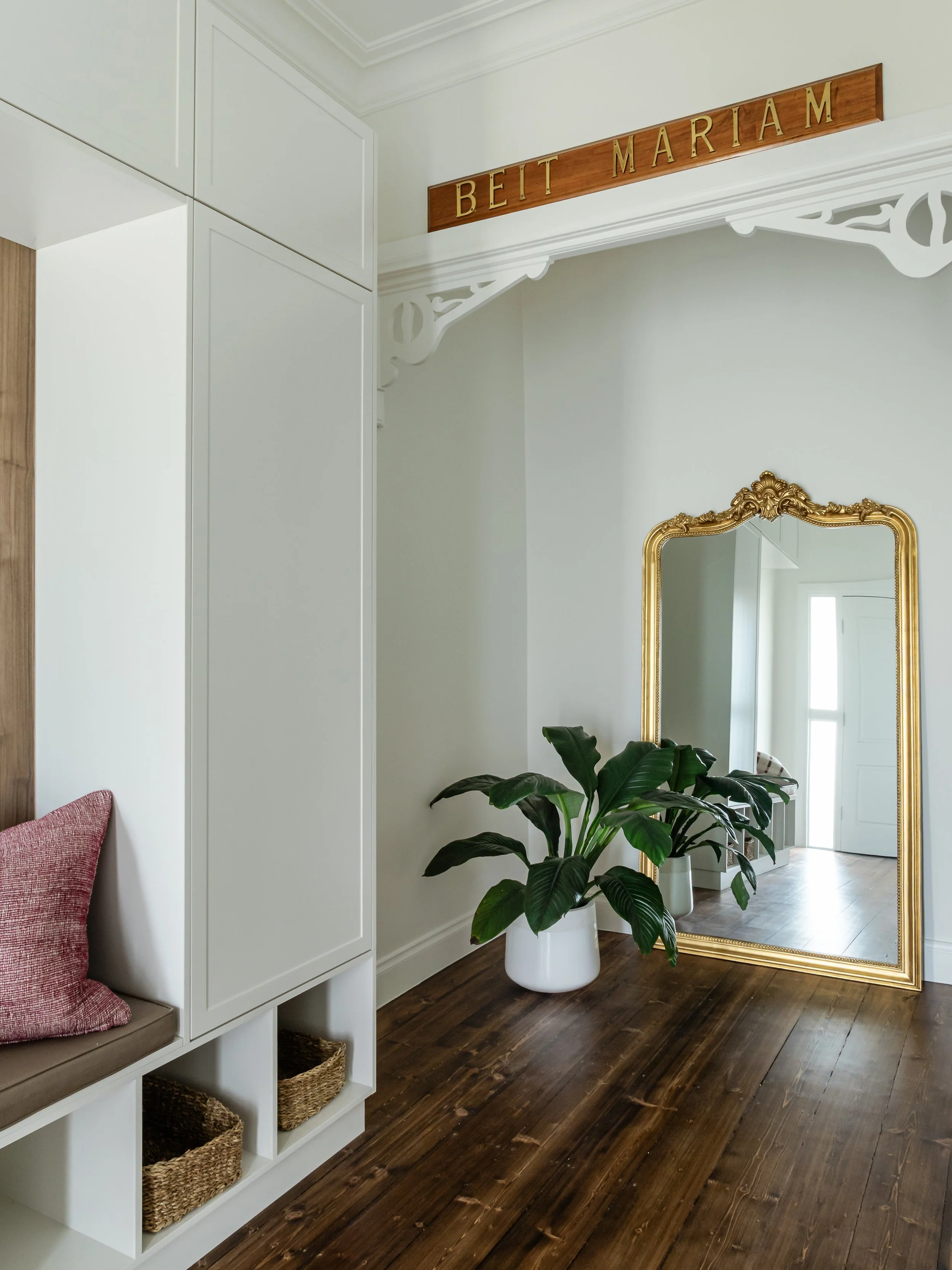 Interior design for Brunswick East home renovation, wooden floor, plant and mirror decoration 