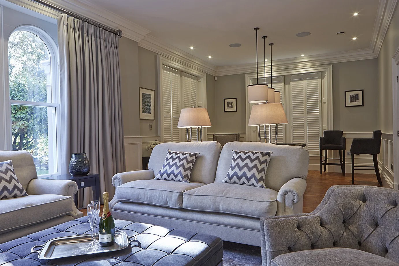 Living room interior design, Victorian Home, dusky purples, cozy 