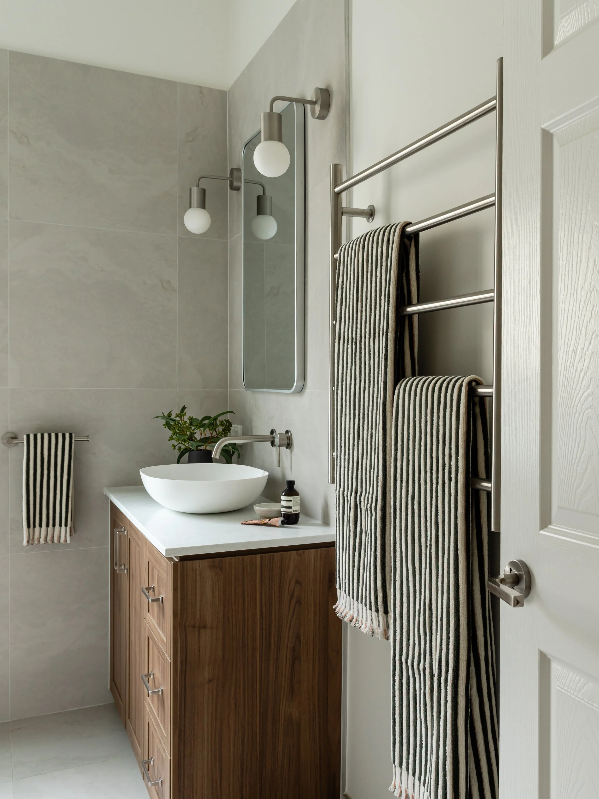 contemporary bathroom design in Brunswick East, wood, stone, metal