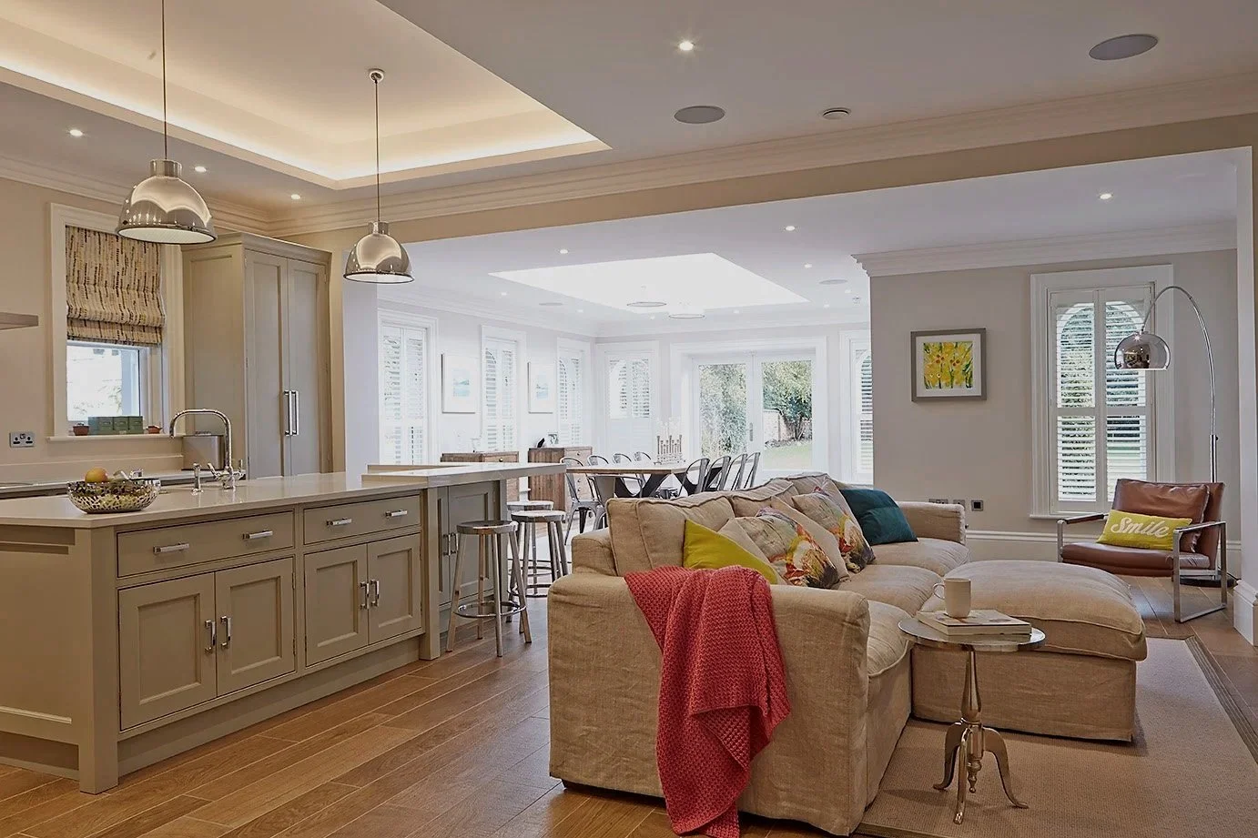 Warm and classic interior design, living room.