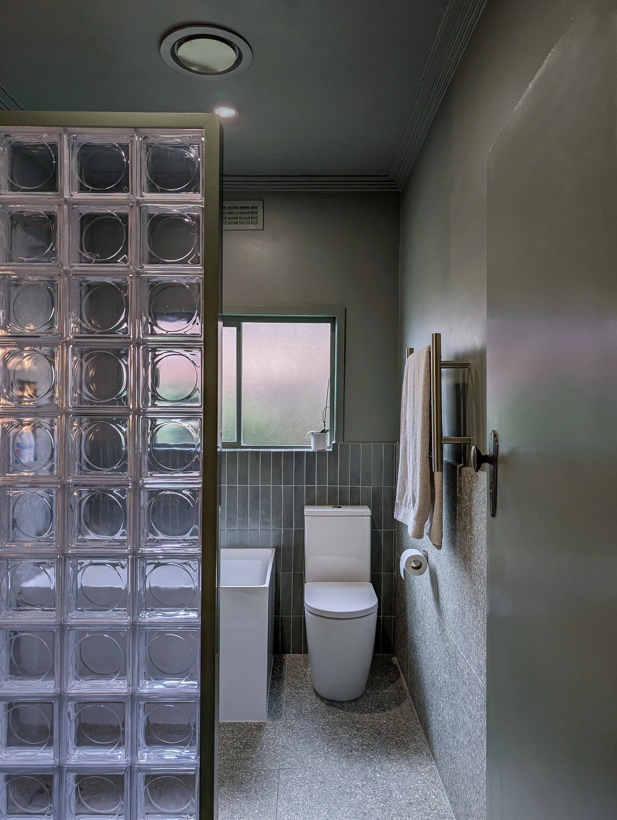 glass wall, Japanese tub, modern toilet