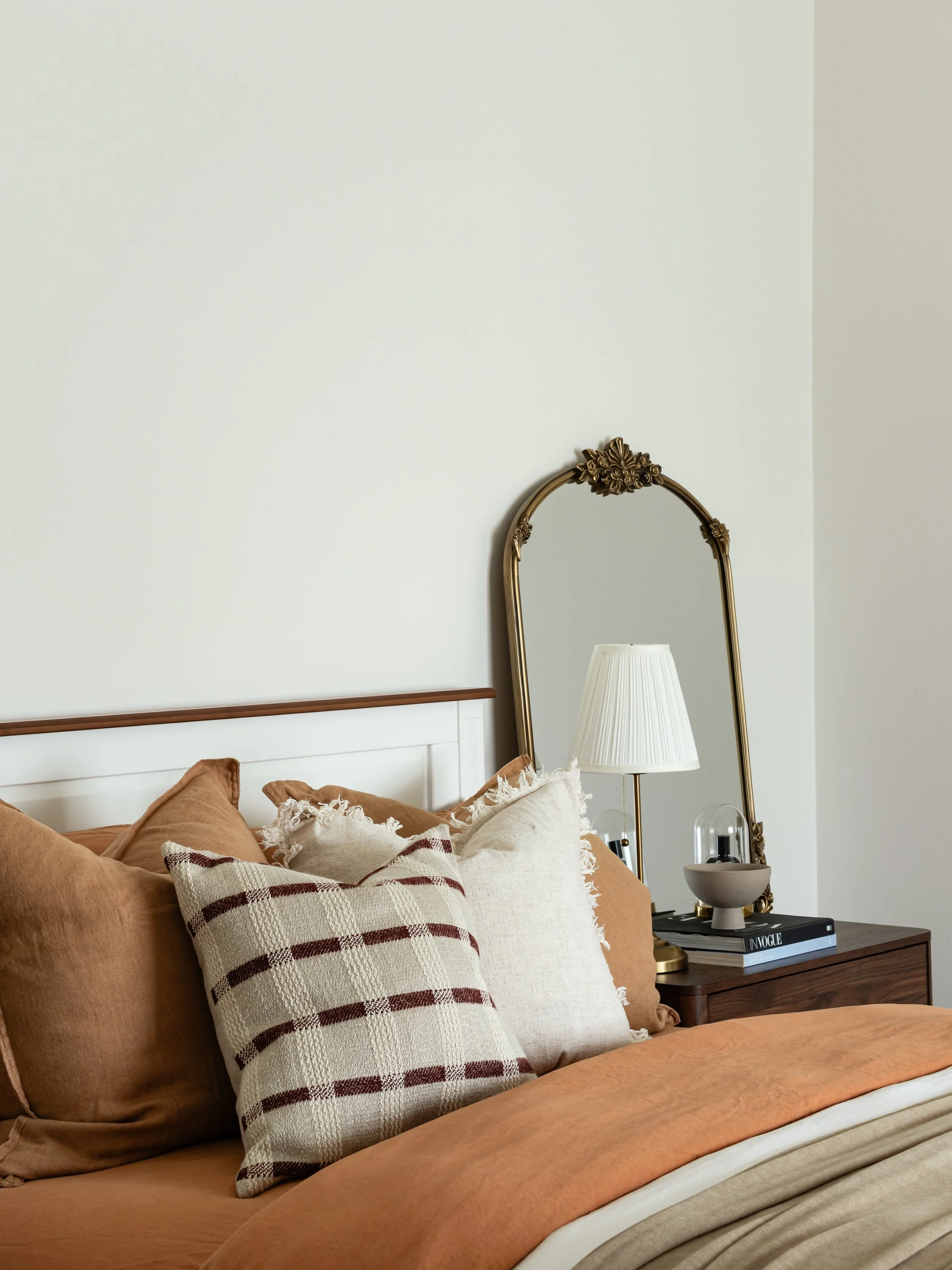modern interior design for bedroom with gentle, earthy fabric colours