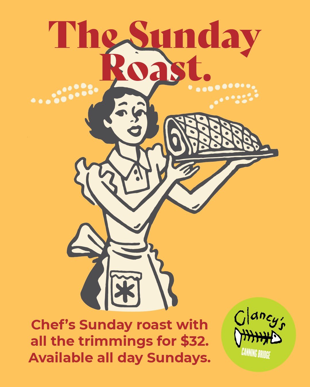 The Sunday Roast with all the trimmings at Clancys Fish Pub Canning Bridge. Get your Sunday roast fix in applecross, perth at Clancy's