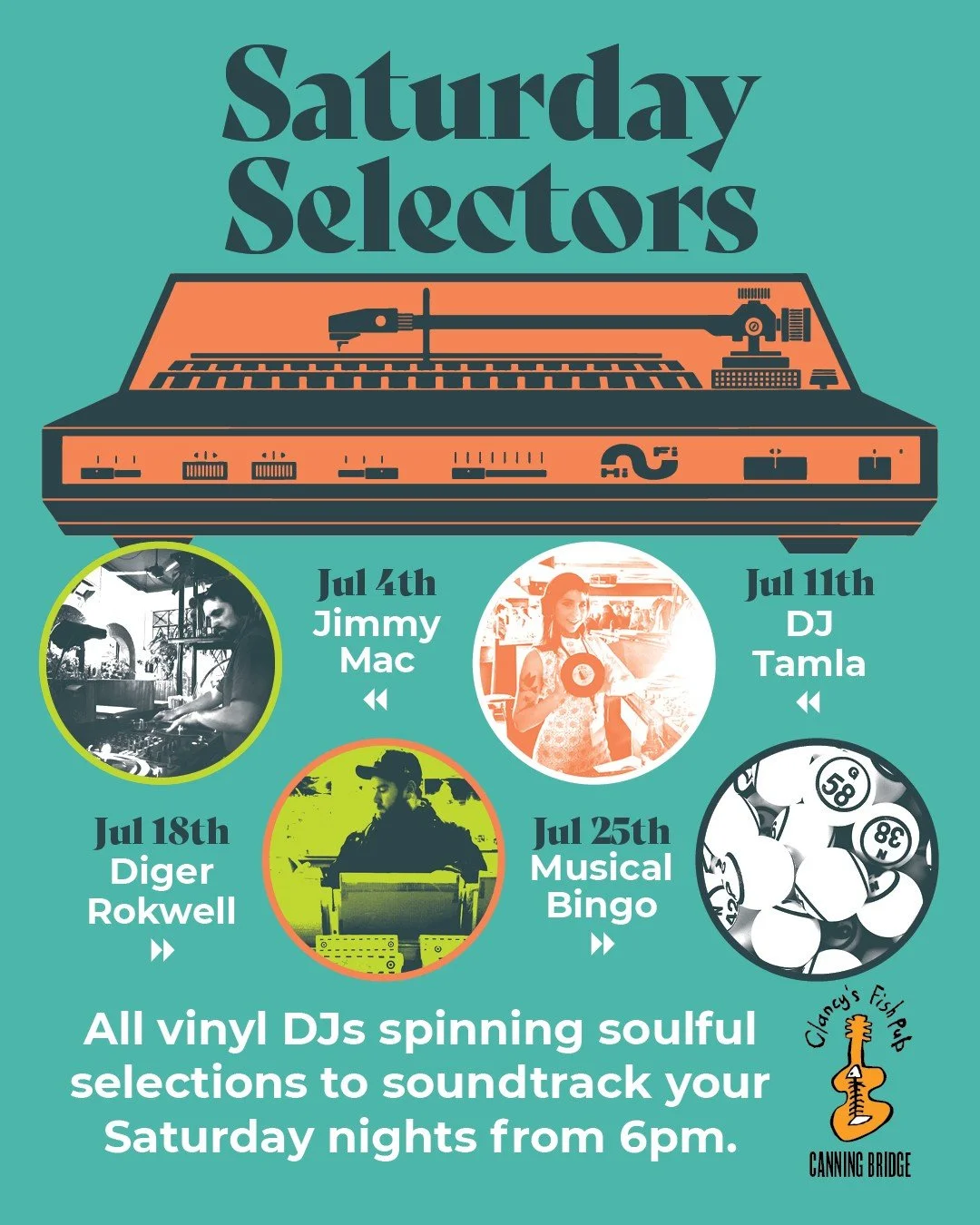 Vinyl DJ spinning records on a Saturday night on Canning Bridge at Clancy's fish pub Applecross, featuring a lively pub atmosphere and dance floor.
