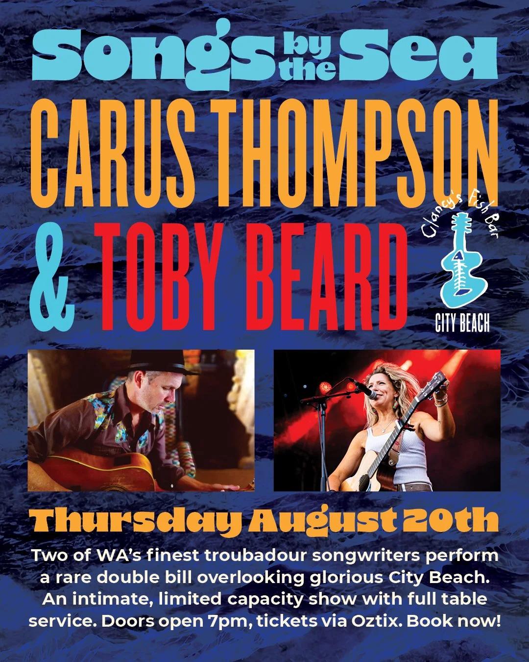 Two of WA's finest troubadour singer songwriters perform a rare intimate double bill over looking the glorious City Beach.
A seated, limited capacity show with full table service. 