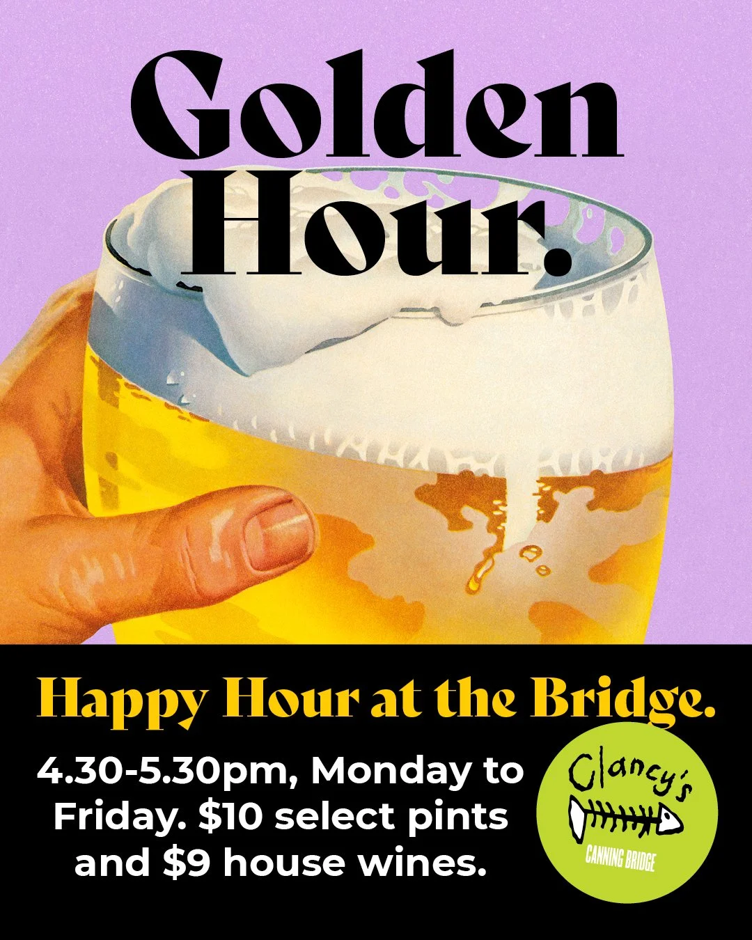 Patrons enjoying the weekday happy hour at Clancy’s Fish Pub Canning Bridge, featuring drink specials from 4:30pm to 5:30pm, Monday to Friday, in Applecross, $10 pints of beer and $9 house wines