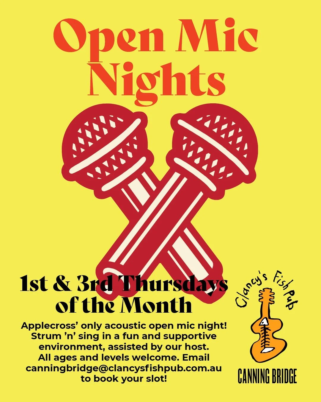 Twice Monthly acoustic open mic night at Clancy's Fish Pub Canning Bridge, held 1st and third Thursday of every month for all ages and levels in Applecross. Applecross’ only acoustic open mic night