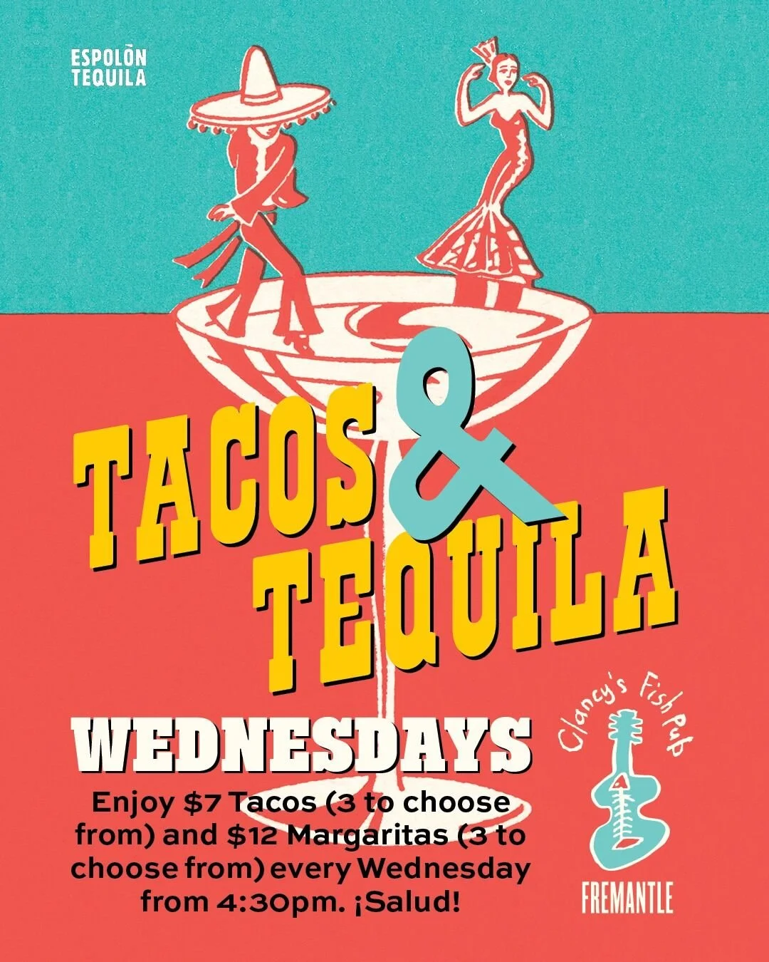 Enjoy $7 Tacos (3 to choose from) and $12 Margaritas every Wednesday from 4.30pm.