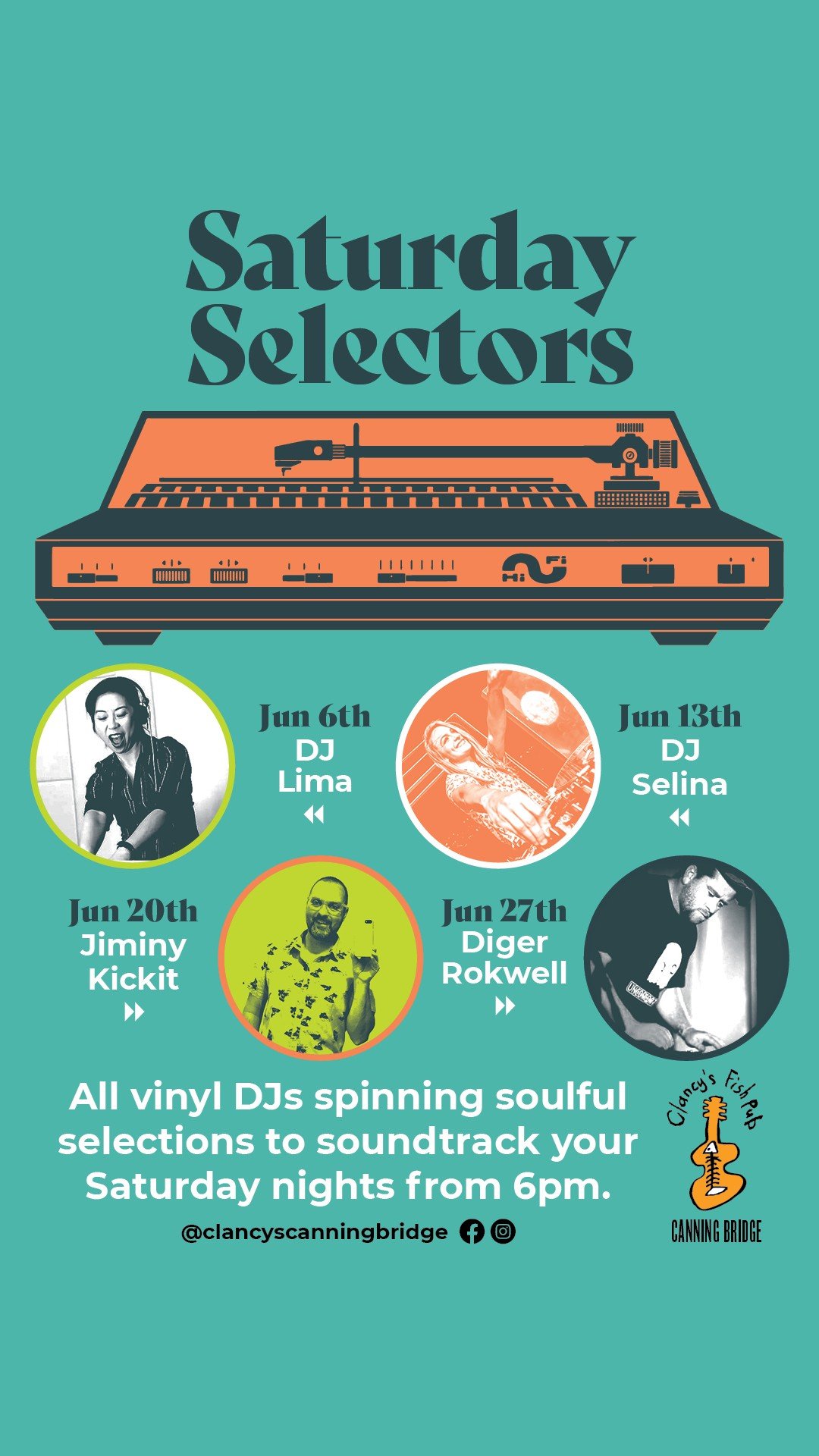 Vinyl DJ spinning records on a Saturday night on Canning Bridge at Clancy's fish pub Applecross, featuring a lively pub atmosphere and dance floor.