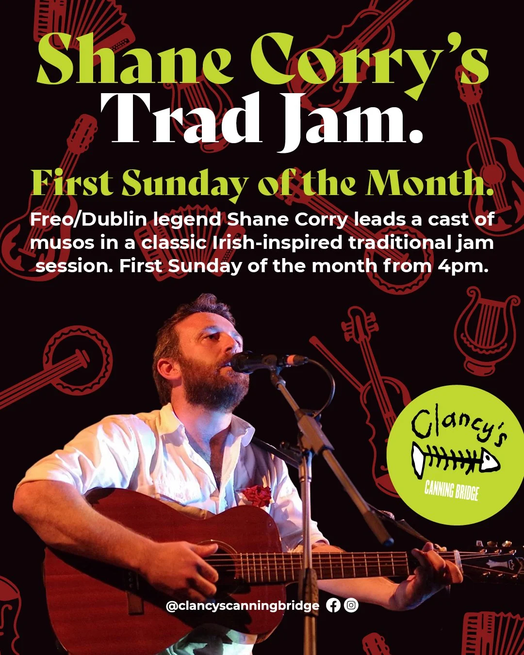The monthly Sunday afternoon Trad Jam at Clancy's Fish Pub Canning Bridge, featuring Shane Corry and the Port City Folk Revival performing live Irish-inspired traditional folk music. featuring a live traditional Irish session circle at Clancy's Canni