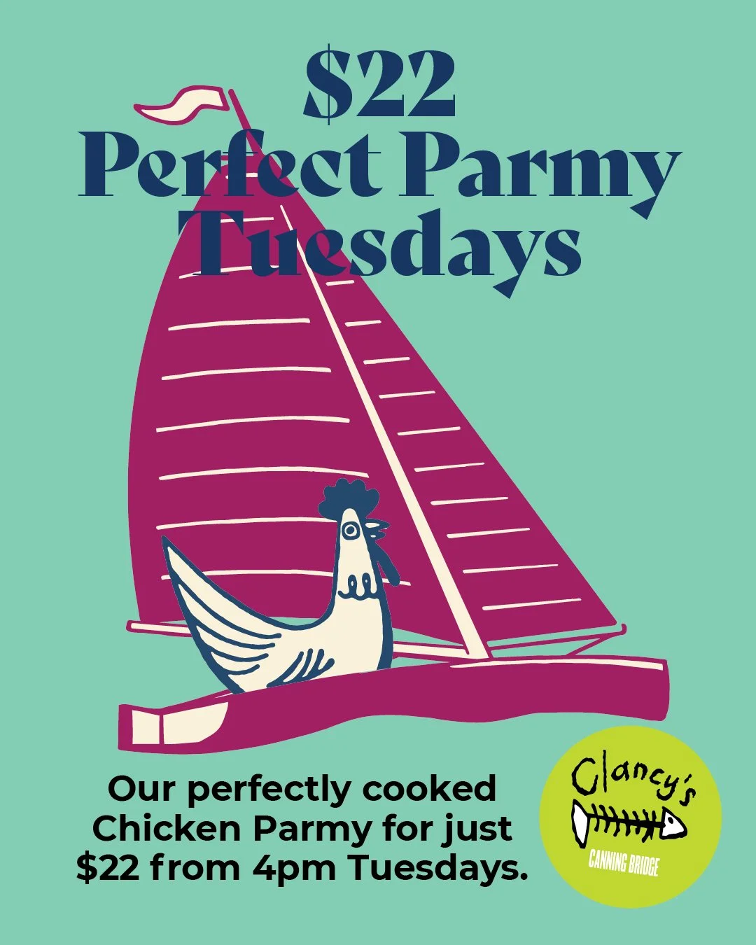 The $22 Tuesday night Chicken Parmi special at Clancy’s Fish Pub, featuring a classic parmigiana with chips and slaw in a relaxed Applecross pub setting