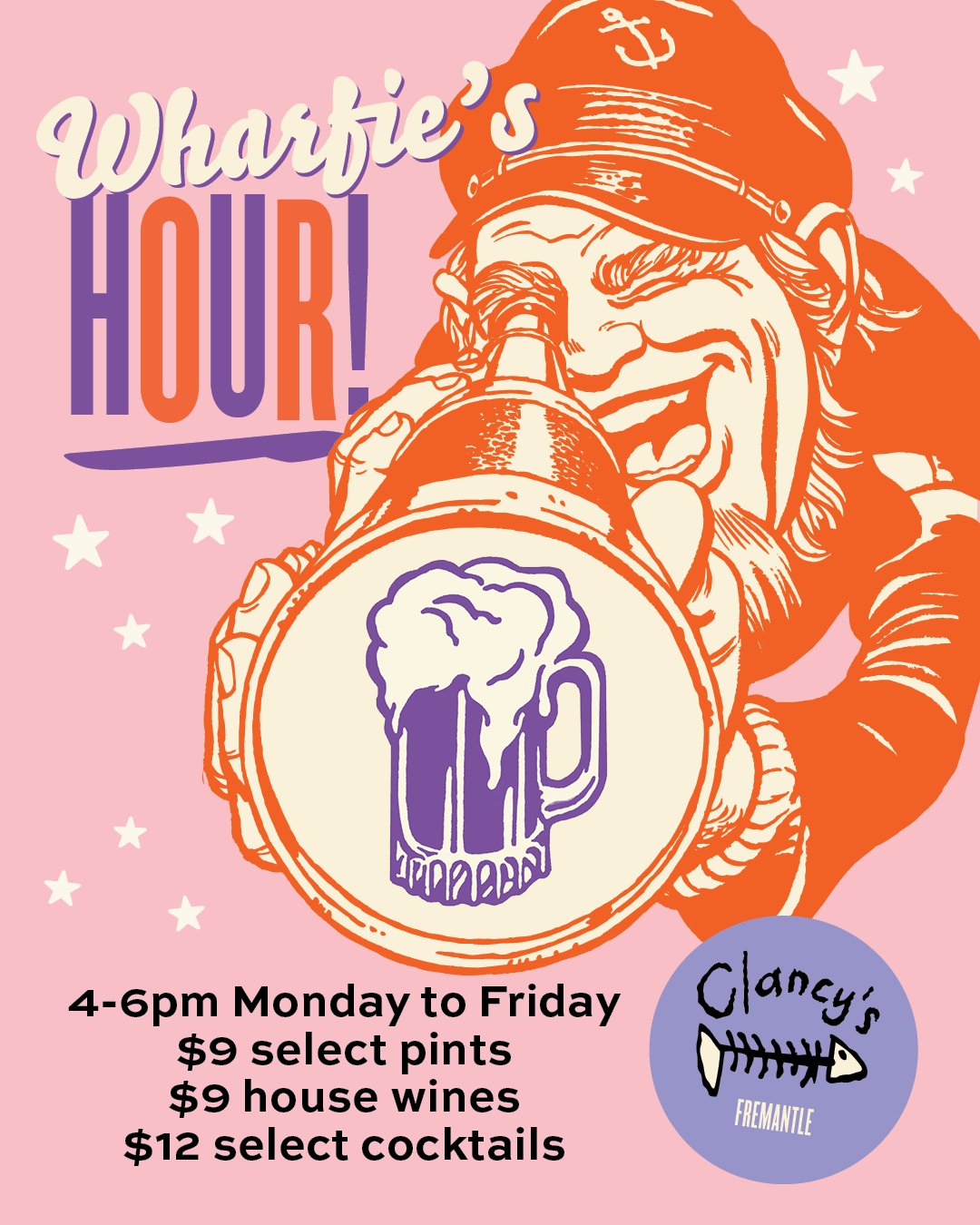 Wharfie's Hour
4 -6pm Monday to Friday, 
$9 select pints
$9 House Wines
$12 select Cocktails