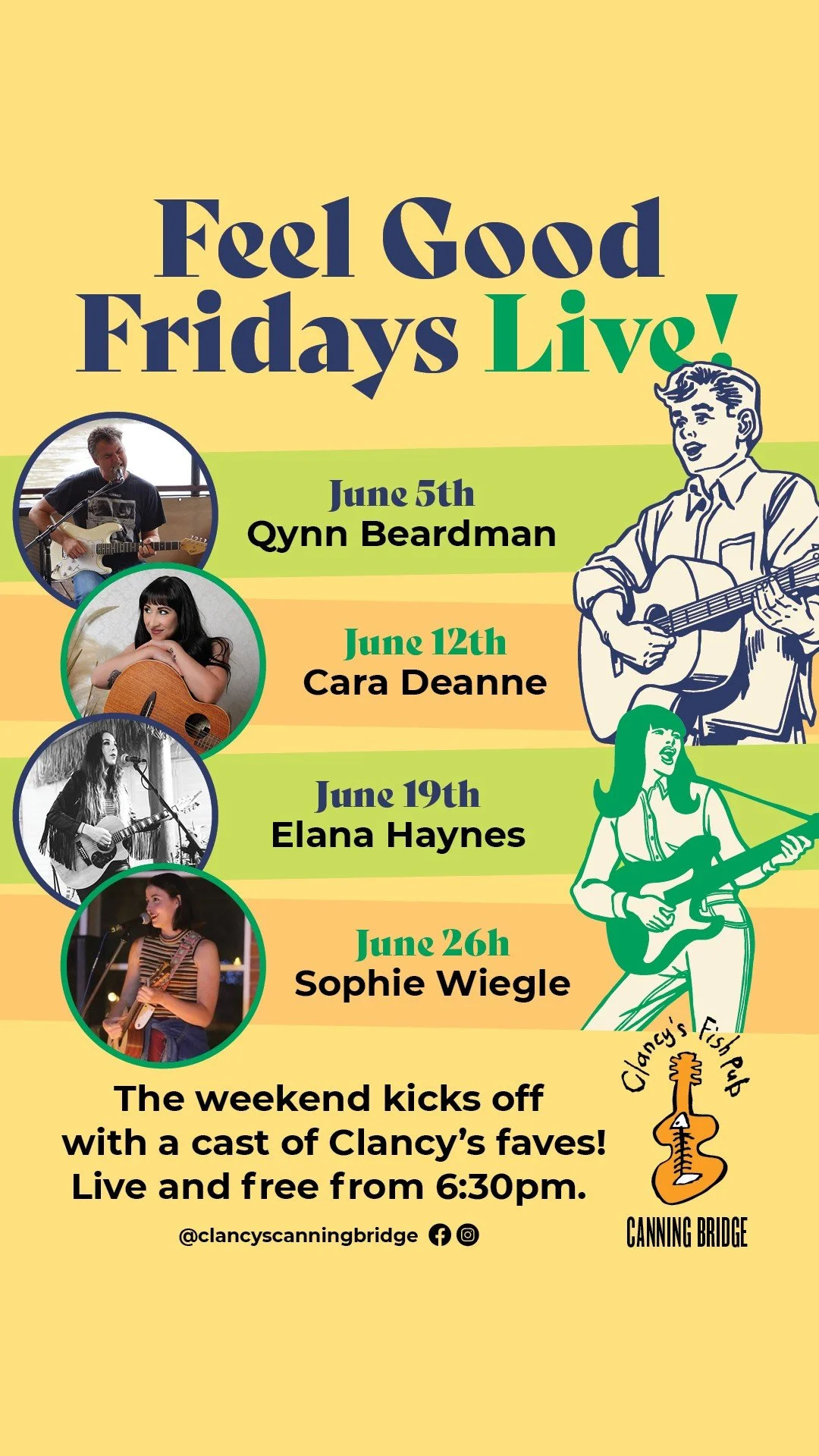 Live acoustic music performance at Clancy's Fish Pub Canning Bridge, hosting local Perth musicians every Friday night.