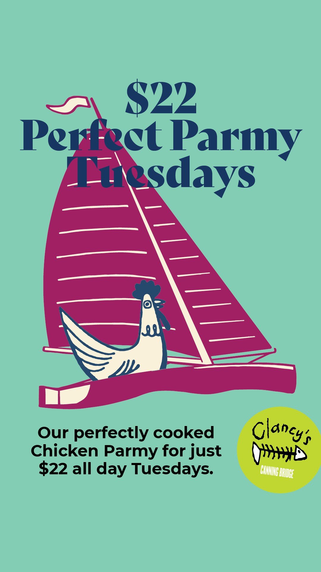 The $22 Tuesday all day cheap Chicken Parmi special at Clancy’s Fish Pub, featuring a classic parmigiana with chips and slaw in a relaxed Applecross pub setting