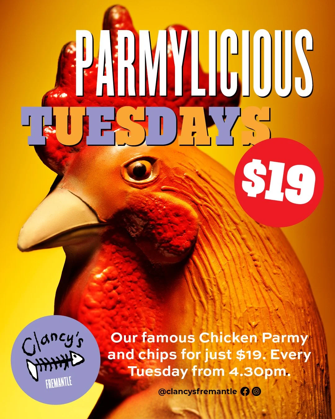 Our famous Chicken Parmy and chips for just $19, Tuesdays from 4.30pm