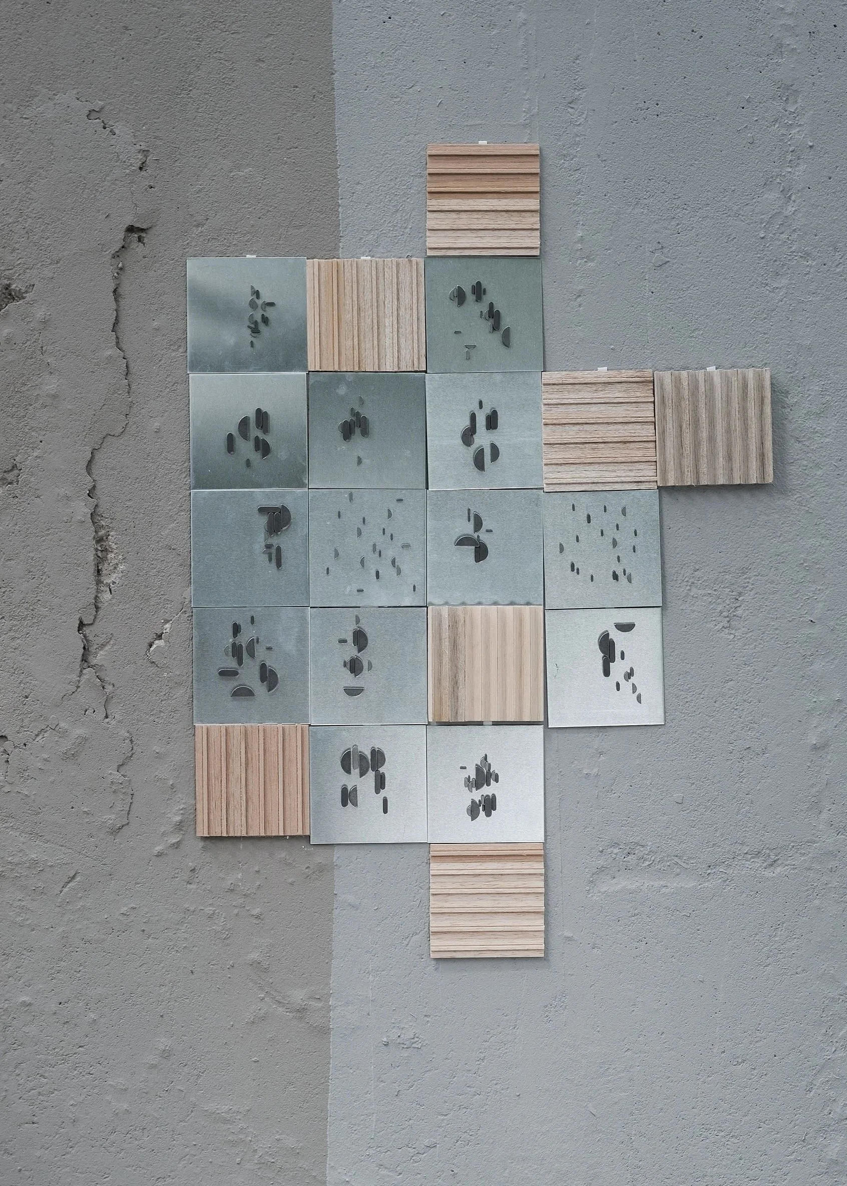carrelage, composition carreaux de bois et d'acier en volume
