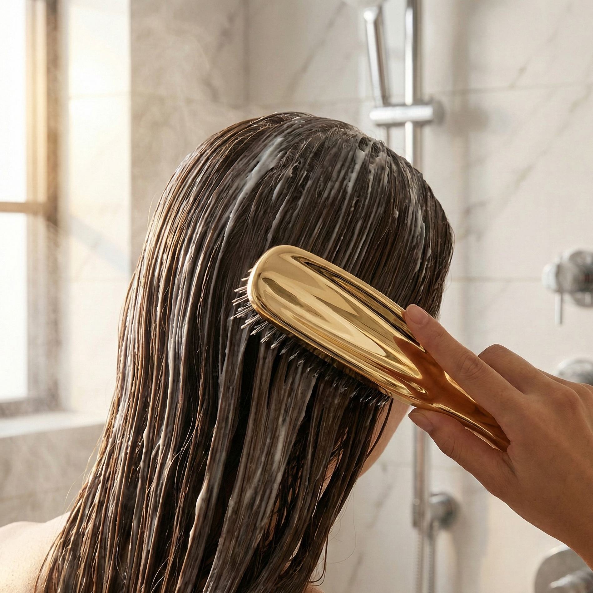 Rinsing hair with scalp brush in shower