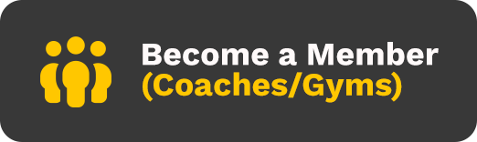 Una pancarta gris oscuro con un ícono amarillo de tres personas, un texto blanco que dice &quot;Hazte miembro&quot; y un texto amarillo entre paréntesis que dice &quot;Entrenadores/Gimnasios&quot;.