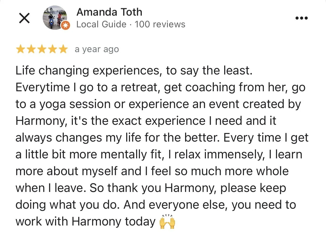 Screenshot of a positive review by Amanda Toth for a wellness or retreat experience, including her profile picture and five-star rating.