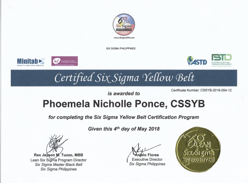 Six Sigma Yellow Belt certificate awarded to an individual by Six Sigma Philippines, dated May 4, 2018. It includes logos from Minitab, ASTD, and PSTD. Signed by Rex Jayson M. Tuozo and Angelo Flores.