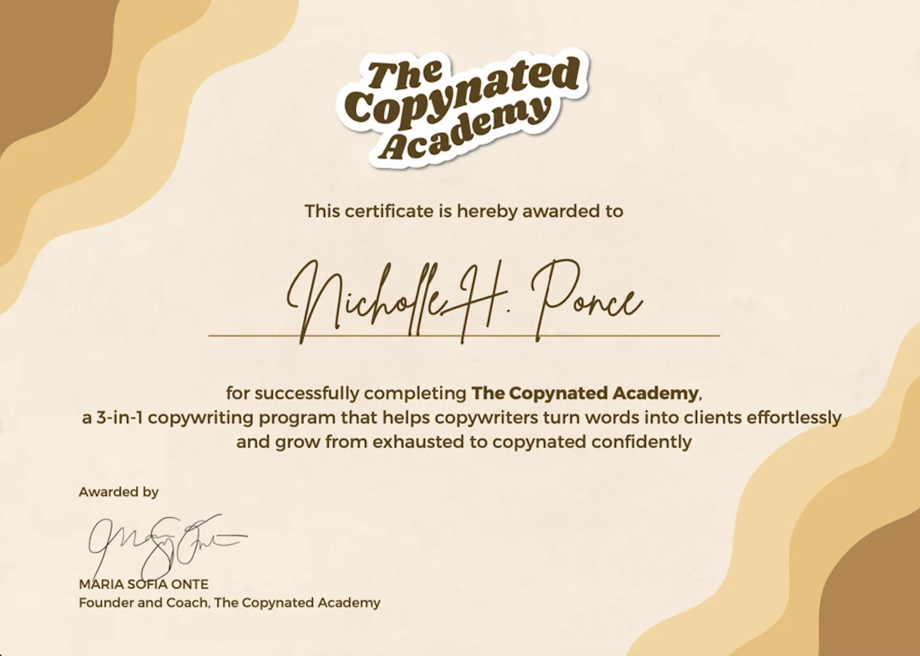 Certificate from The Copynated Academy awarded to an individual for completing a copywriting program. Features wavy beige and brown design elements.