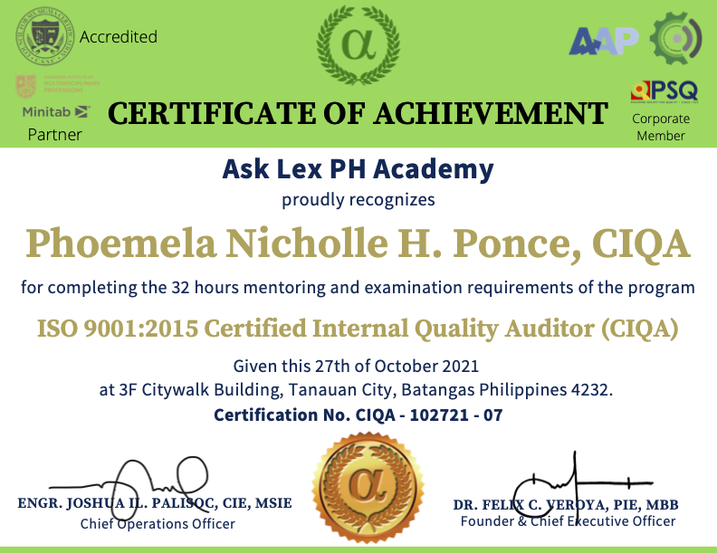 Certificate of Achievement from Ask Lex PH Academy awarded to an individual for completing the ISO 9001:2015 Certified Internal Quality Auditor program on October 27, 2021, at Tanauan City, Batangas, Philippines.