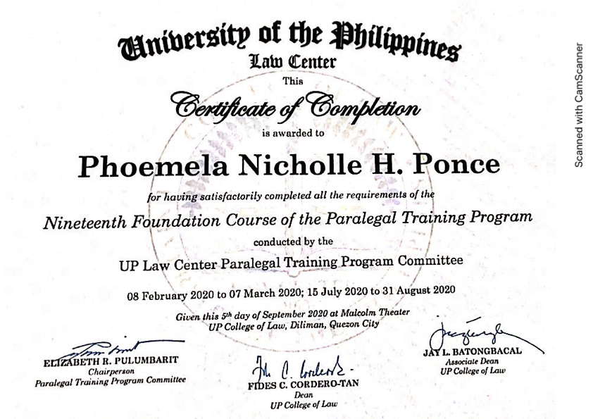 Certificate of completion from the University of the Philippines Law Center awarded to Phoemela Nicholle H. Ponce for completing the Paralegal Training Program, dated September 5, 2020, with signatures of officials.