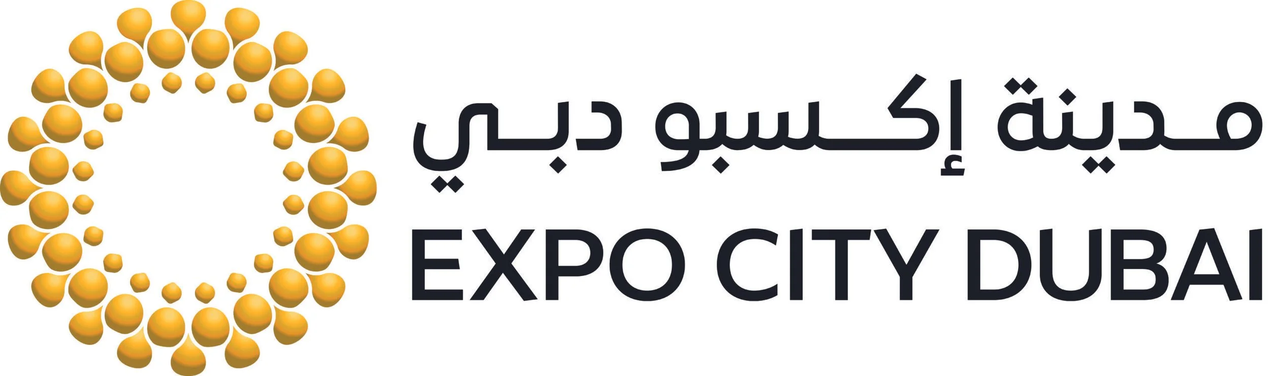 Logo for Expo City Dubai featuring a stylized circular design made of gold-colored spheres and the text 'معرض إكسبو دبي' and 'EXPO CITY DUBAI' in black.