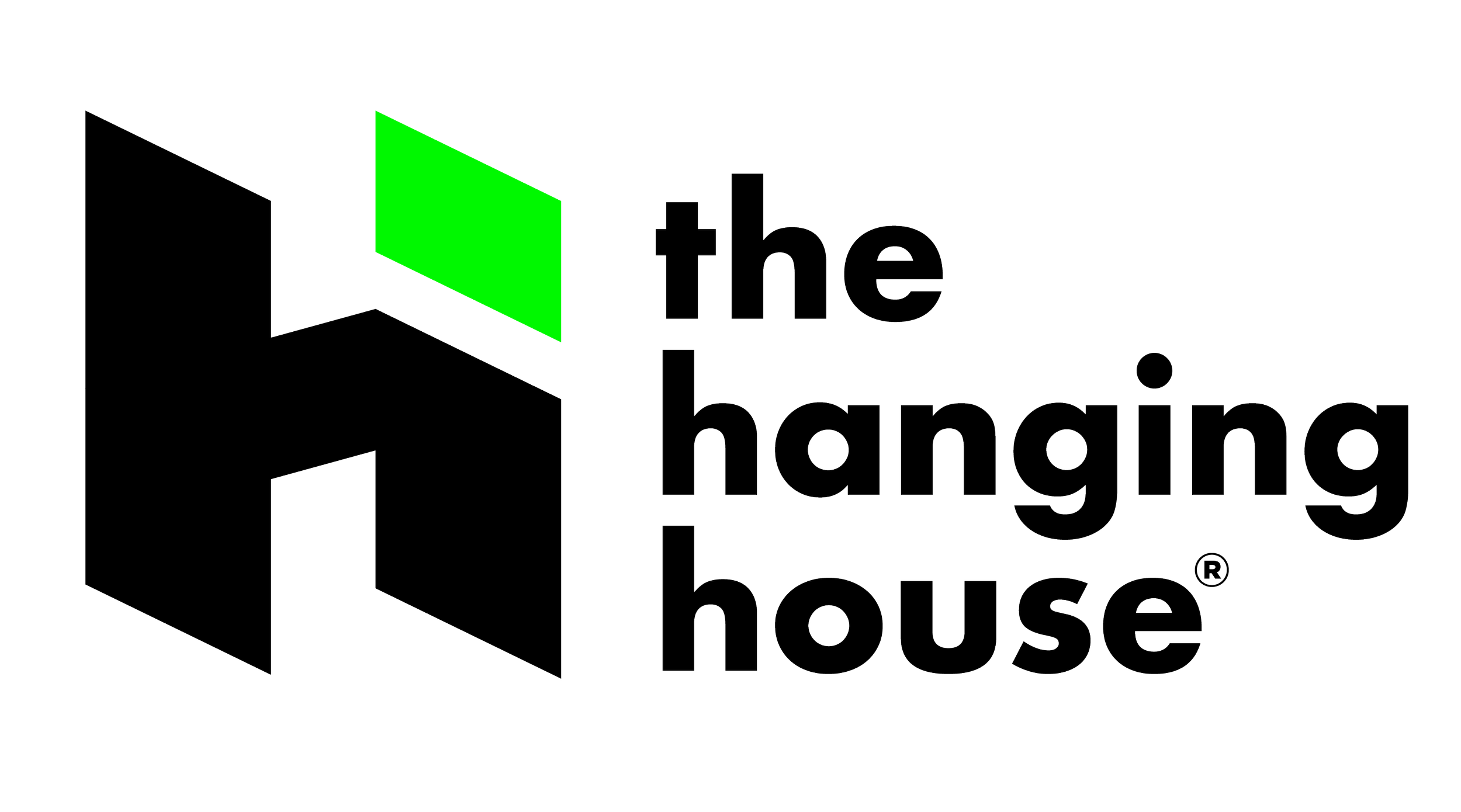 Logo for the TV show 'The Hanging House' featuring a stylized house outline with a green window and the show's title in black text.