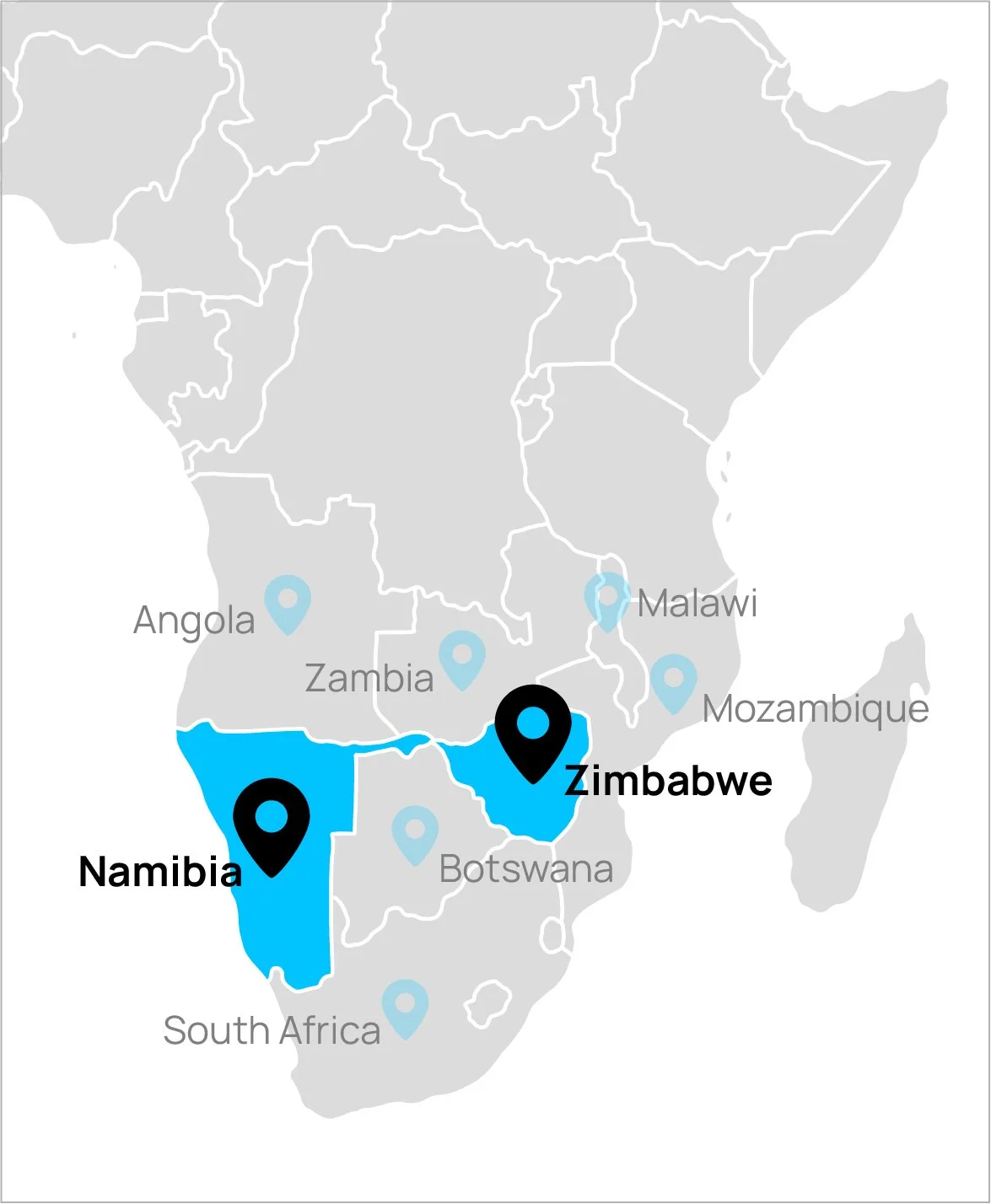Map of Africa highlighting Namibia and Zimbabwe in blue with marker icons, indicating locations in southern Africa.