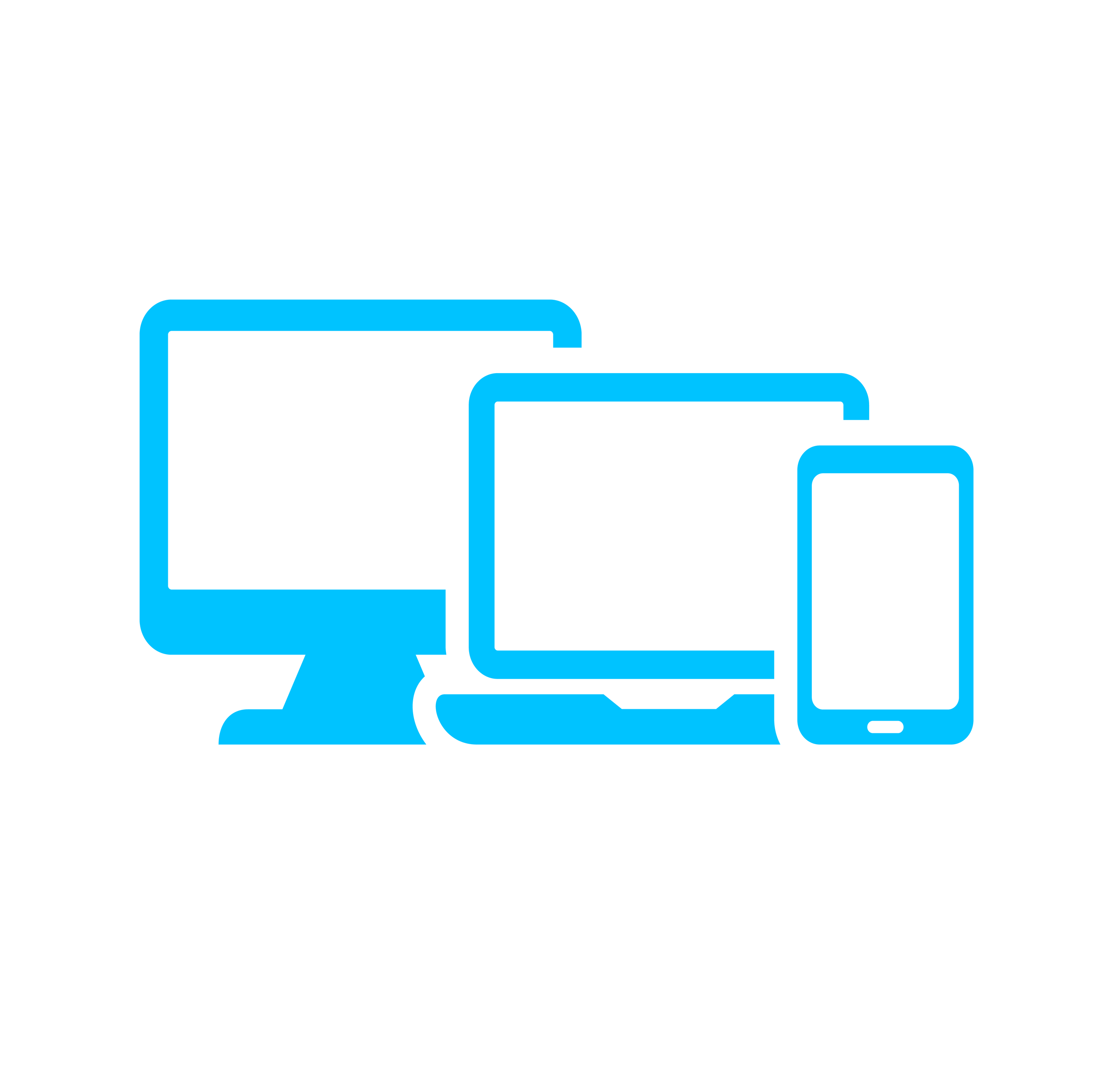 Icon of a desktop computer, a laptop, and a smartphone in blue outlines.