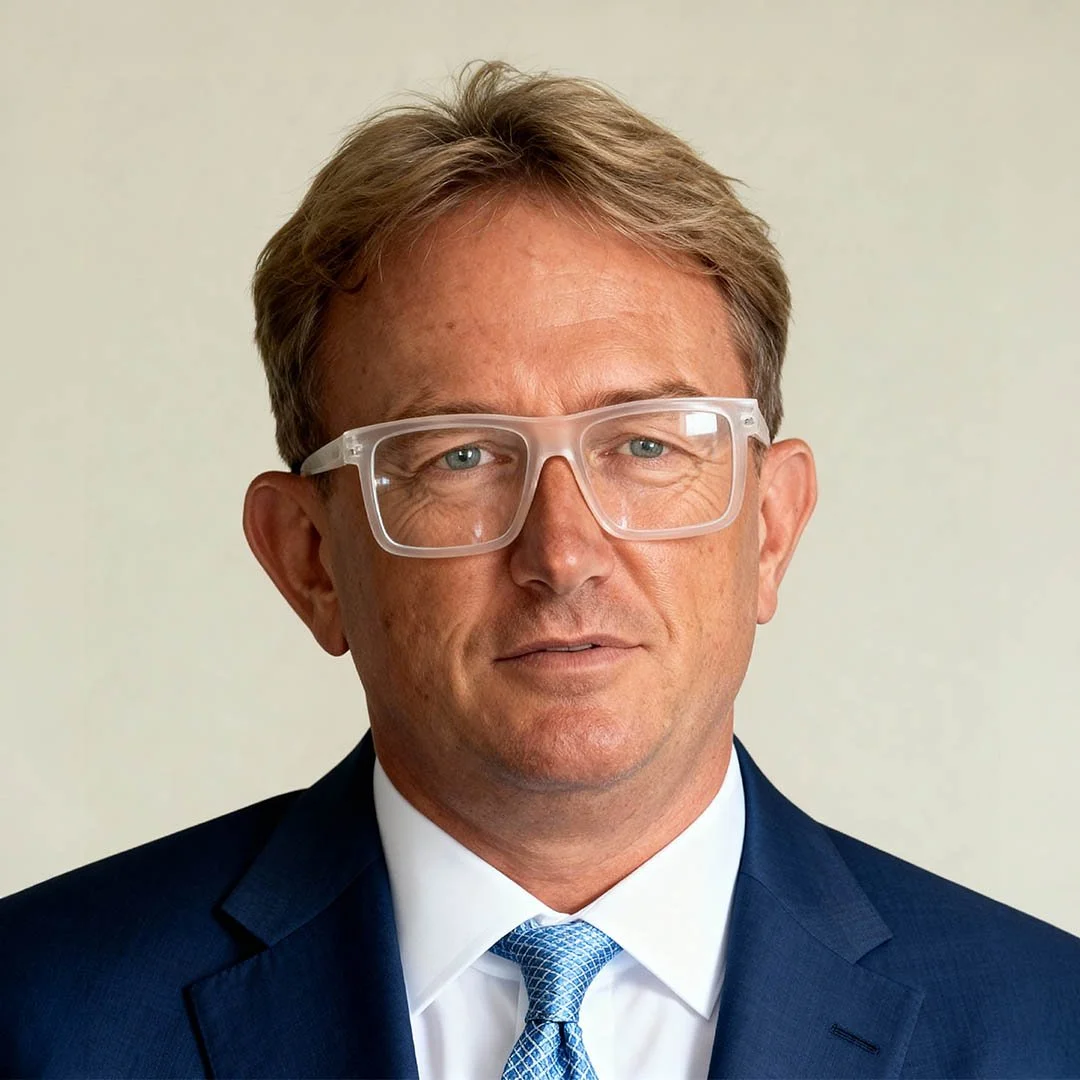 A man in a navy suit with a light blue tie and white shirt, wearing clear glasses, against a plain light-colored background.