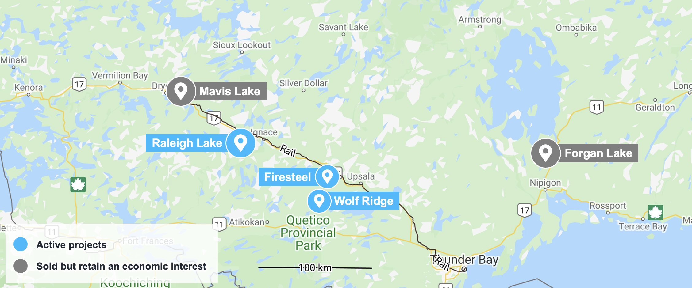 Map showing active projects and sold but retained economic interest sites, including Raleigh Lake, Firesteel, Wolf Ridge, and Mavis Lake, with Forgan Lake marked as sold but retaining economic interest.