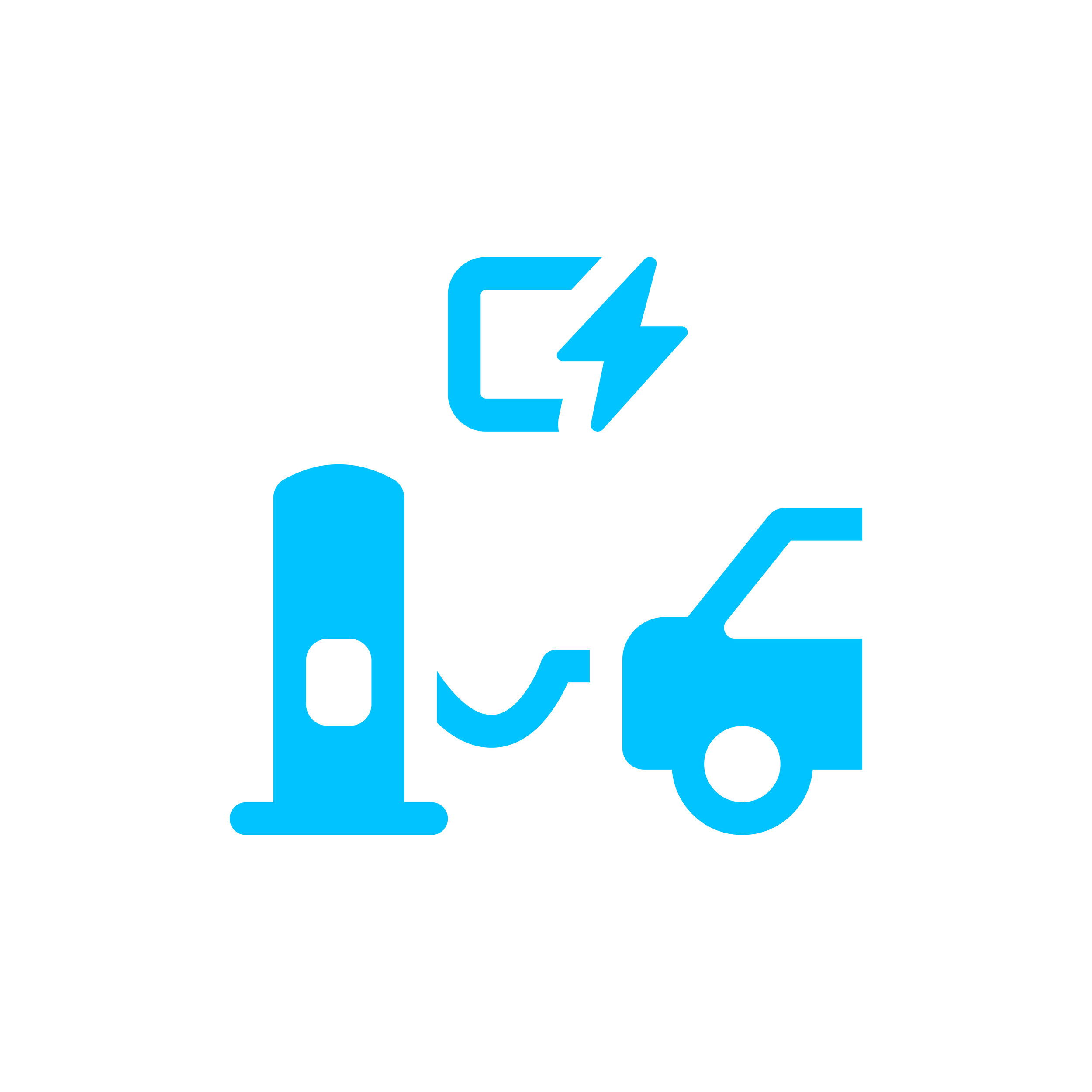 Electric vehicle charging station with a charging cable, a plug, and a lightning bolt symbol indicating charging or power.
