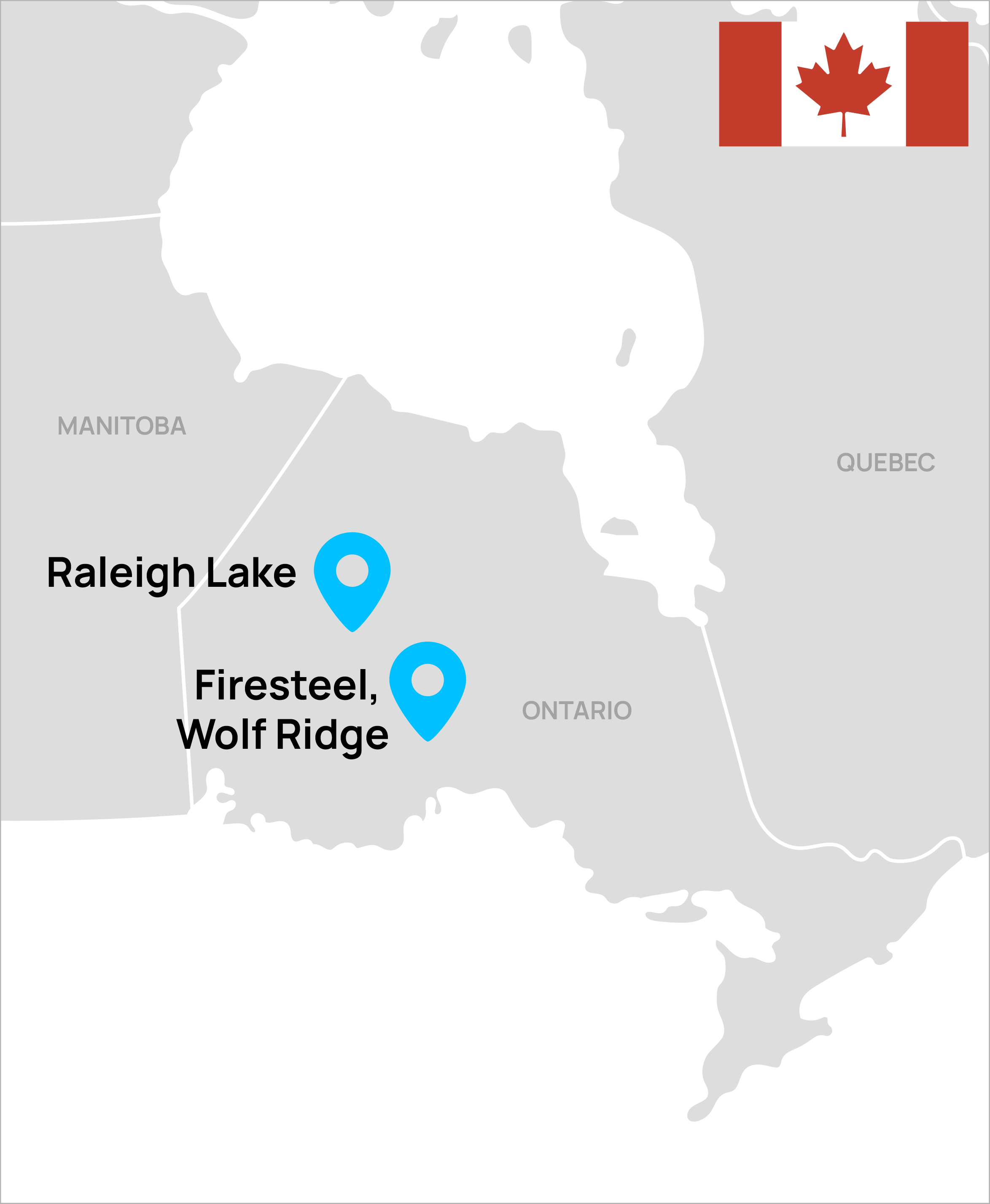 Map of Ontario, Canada, highlighting Raleigh Lake and Firesteel, Wolf Ridge with location pins, and a Canadian flag in the top right corner.