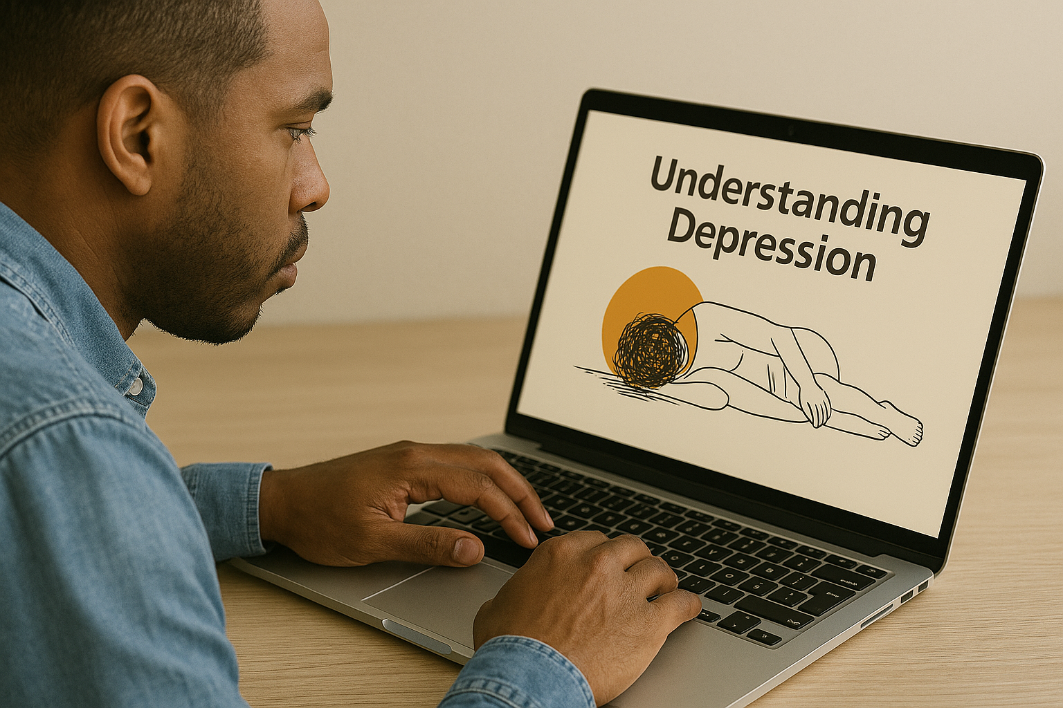 A man looking at a laptop screen with a presentation titled 'Understanding Depression', featuring a line drawing of a person lying on their side with a tangled ball of yarn as their head.