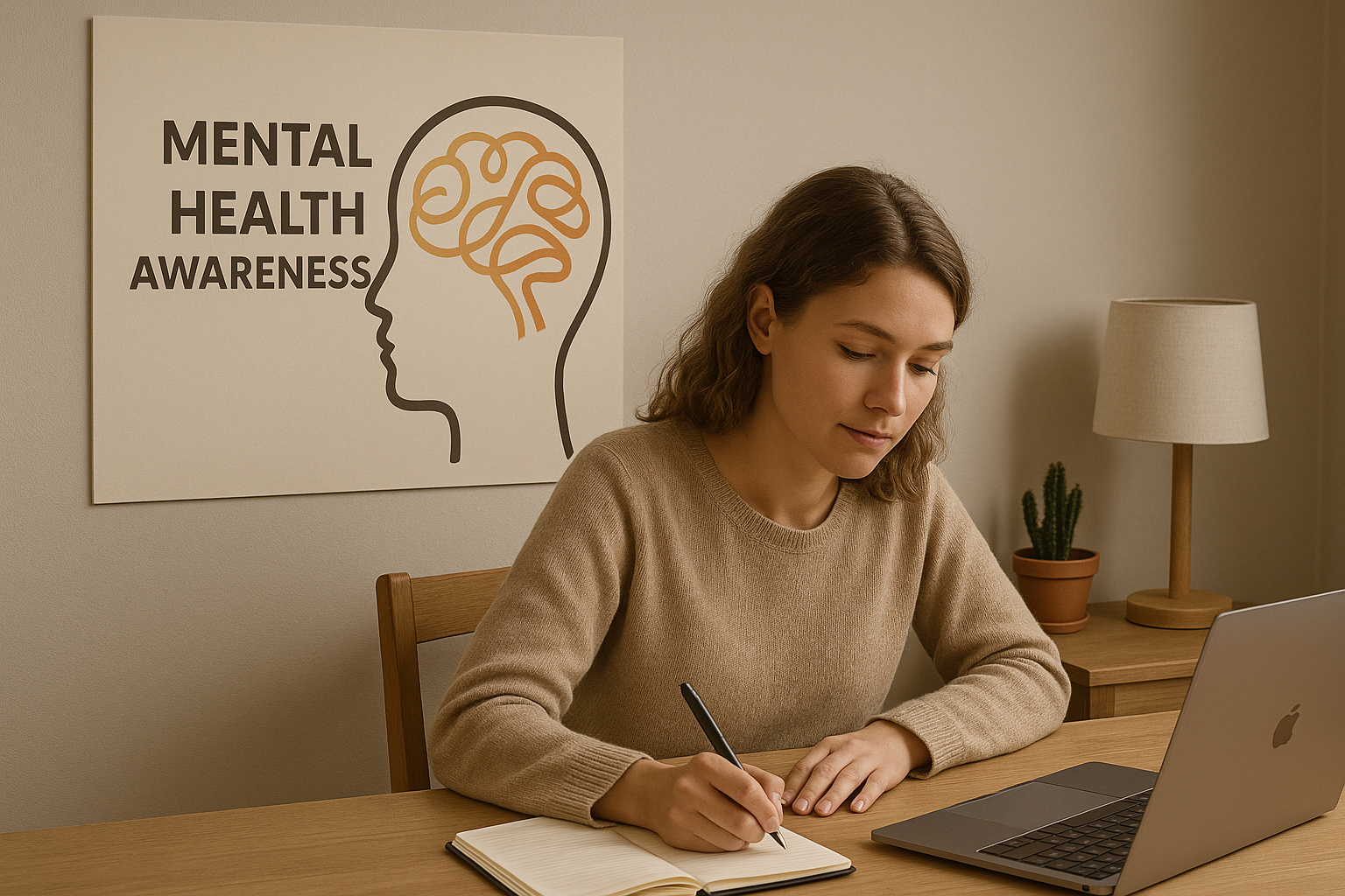 A young woman sitting at a desk, writing in a notebook, with a laptop open in front of her and a poster on the wall behind that reads 'Mental Health Awareness' with a brain outline.