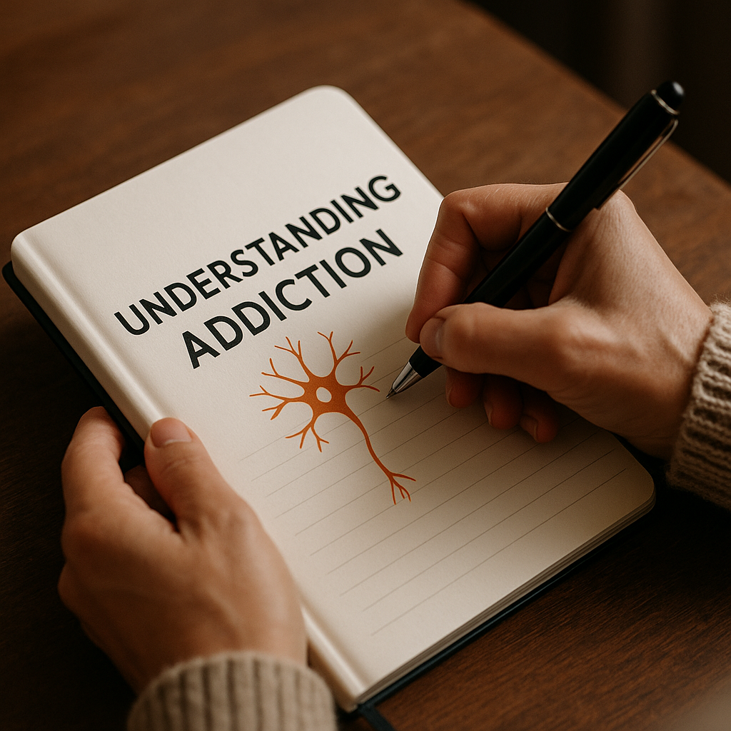 Person holding a sign that reads 'Understanding Substance Use & Addiction' with a neuron illustration, seated at a wooden table.