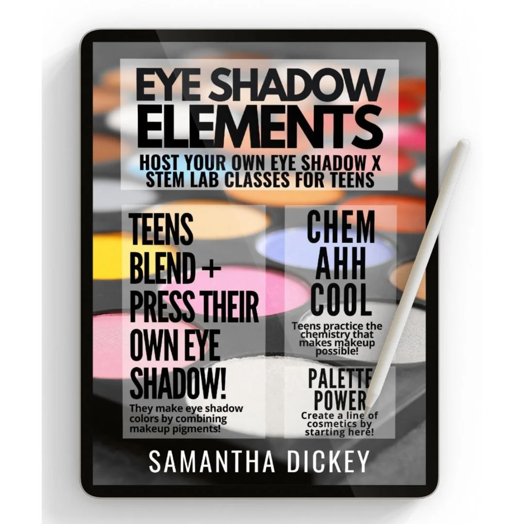 Promotional digital poster with eyeshadow palette in the background and instructional text about creating eye shadow for teens.