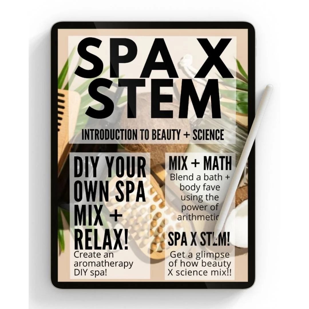 Digital tablet displaying a poster for a spa science kit, with text about creating a DIY aromatherapy spa and blending bath and body ingredients using arithmetic, featuring decorative plants and spa items in the background.