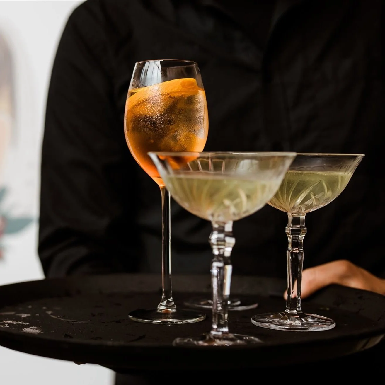 A tray of drinks ready for service at an events bar in London