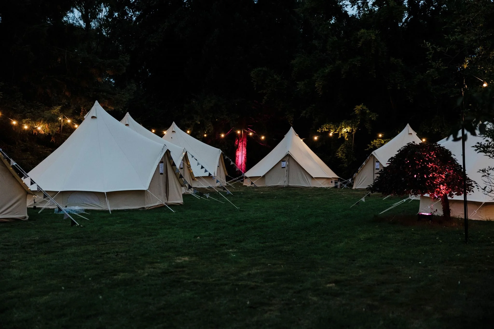 Glamping area with bell tents and festoon lights